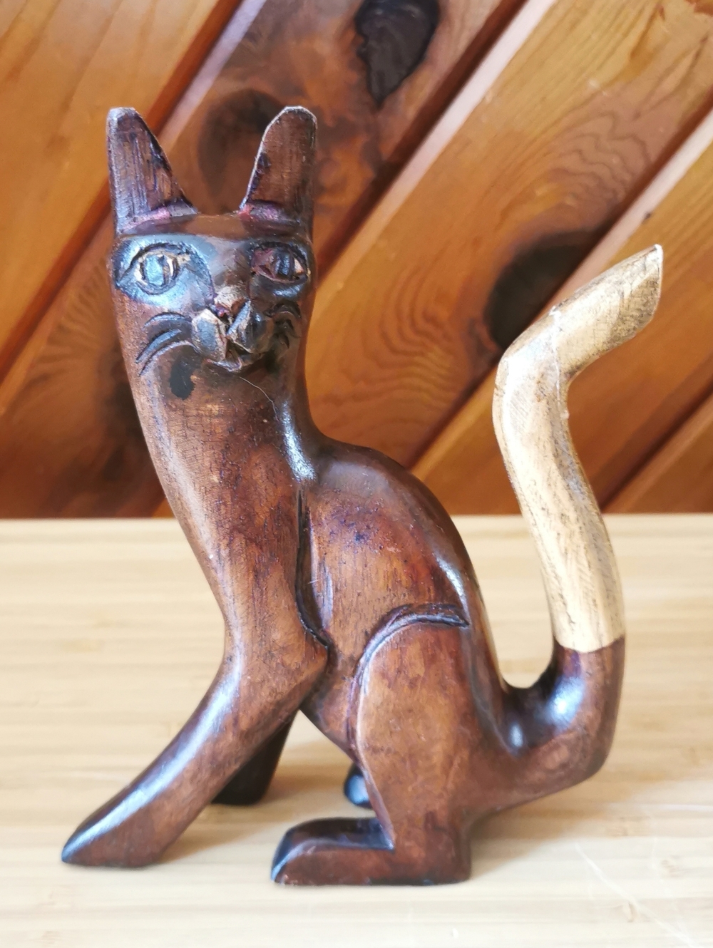Vintage Hand-Carved Wooden Cat Sculpture Folk Art